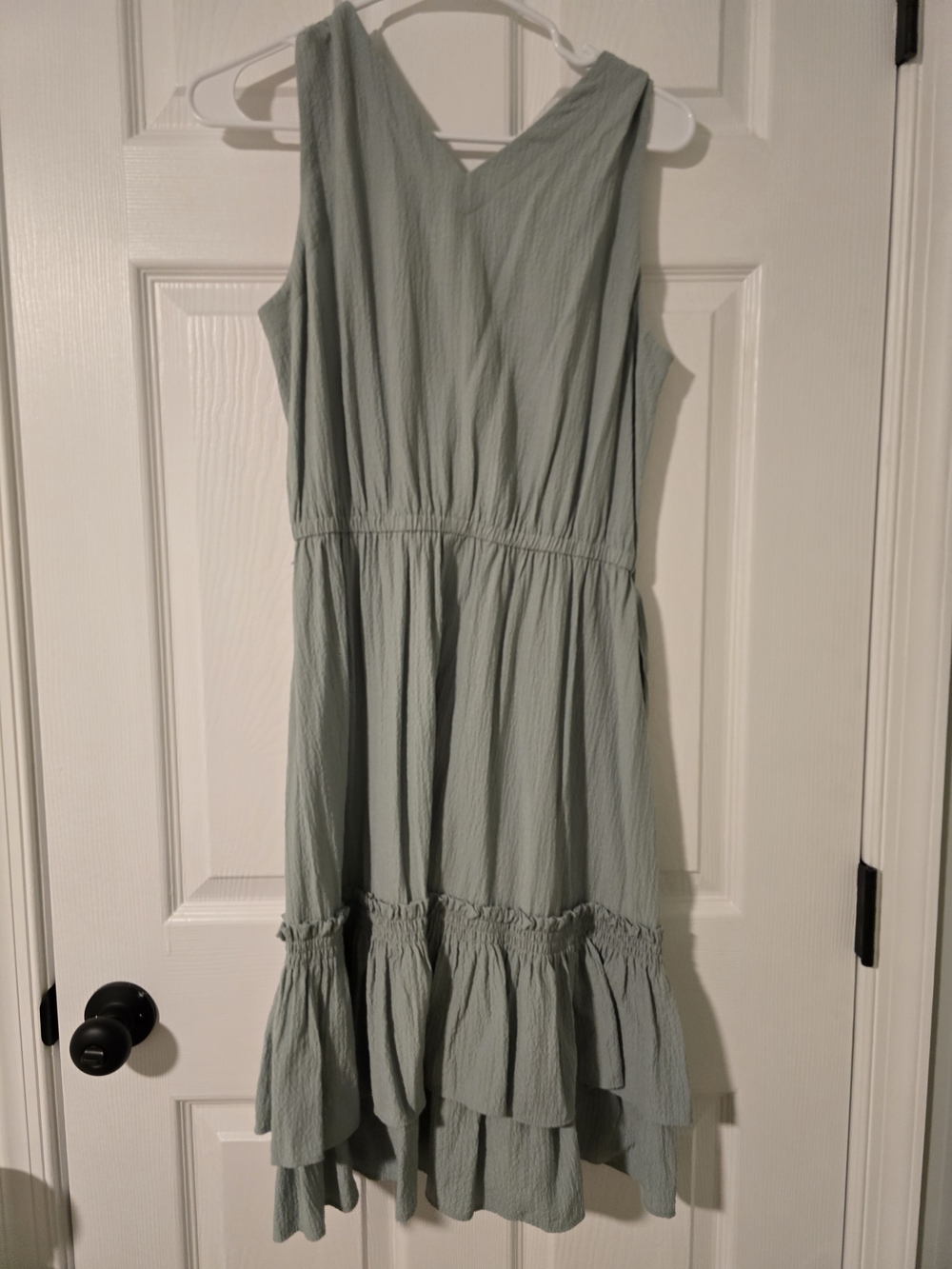 Calvin Klein Sage Green Sleeveless V‑Neck Tiered Midi Dress